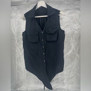 ANTONIO MELANI 100% Silk Black Sleeveless Tie Button Down Chic Blouse Size M